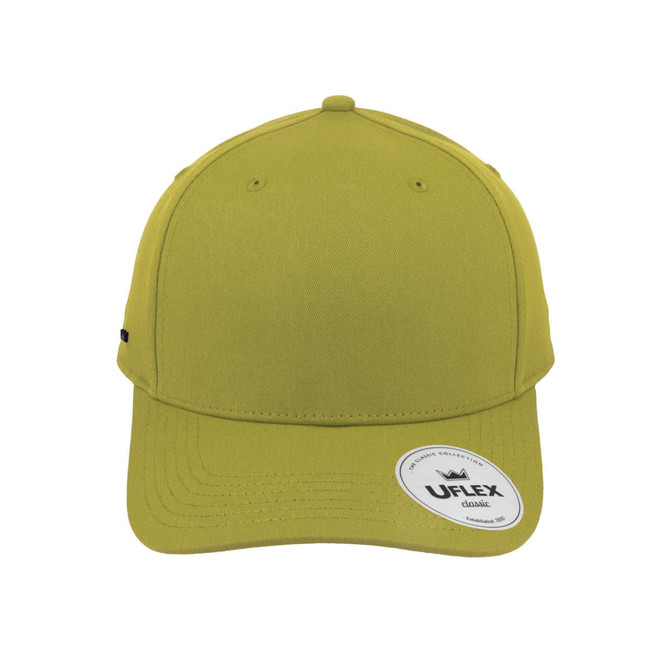 A lime green Classic 5 Panel Cap featuring a rounded peak and a logo on the side.