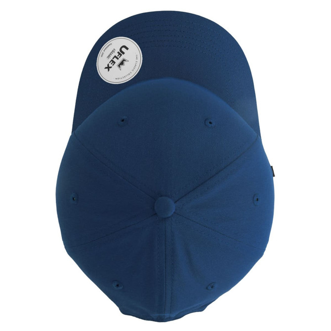 A blue classic 5 panel cap with a rounded crown and a branded label on the visor.