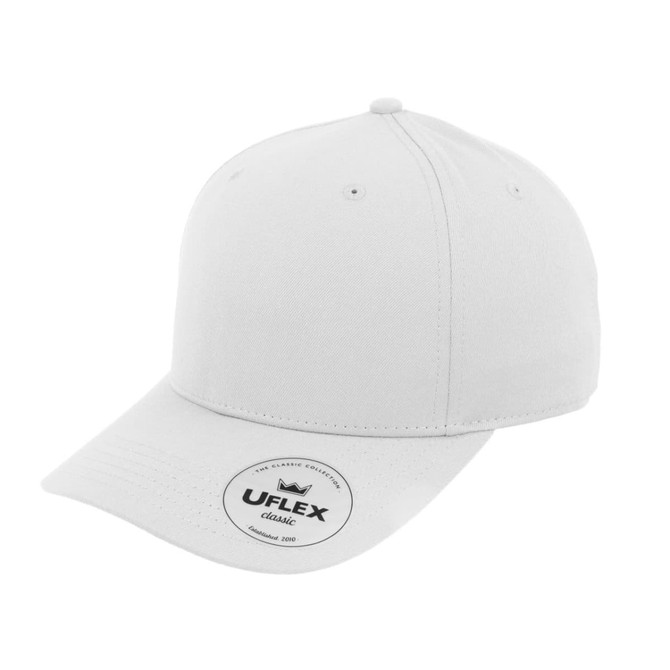A grey Classic 5 Panel Cap with a curved brim, featuring a logo on the front and a smooth finish.
