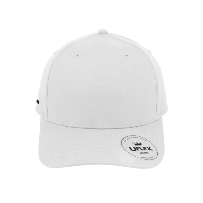 A white classic 5 panel cap with a curved brim and a logo on the side.