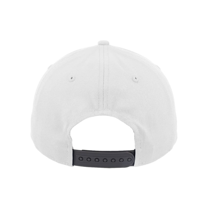 A white classic 5 panel cap with a black adjustable strap and a logo on the back.