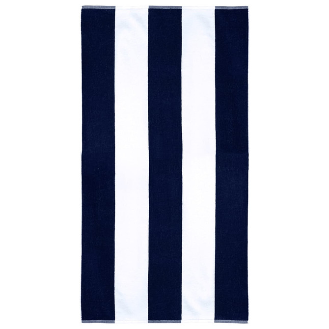 A striped cotton beach towel featuring navy blue and white colours with a logo in one corner.