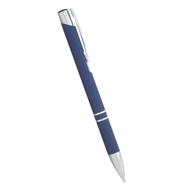A blue metal ballpoint pen with a silver clip and accents, featuring a smooth click action mechanism.