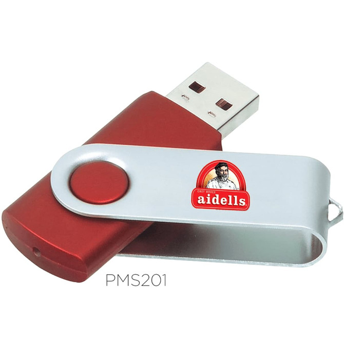 A red and silver rotate USB flash drive with a branding logo.