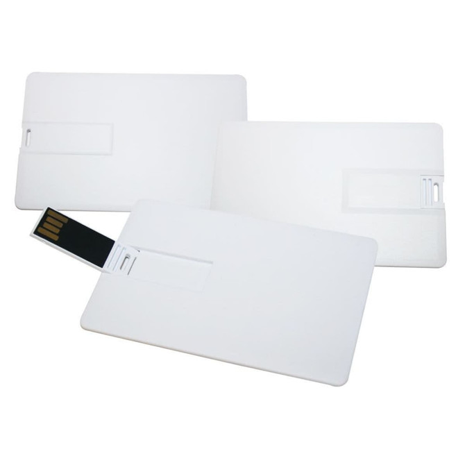 A set of three white Superslim Credit Card USB flash drives, each with a black connector.