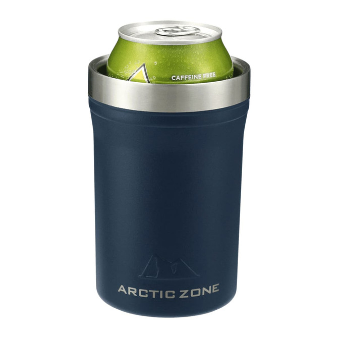 A drink bottle in navy blue featuring a stainless steel top, designed to hold a 350ml can. It has a logo.