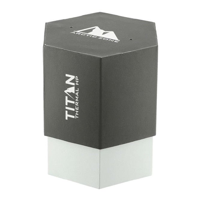 A drink bottle with a hexagonal design, featuring a black top and a silver base, includes a logo.