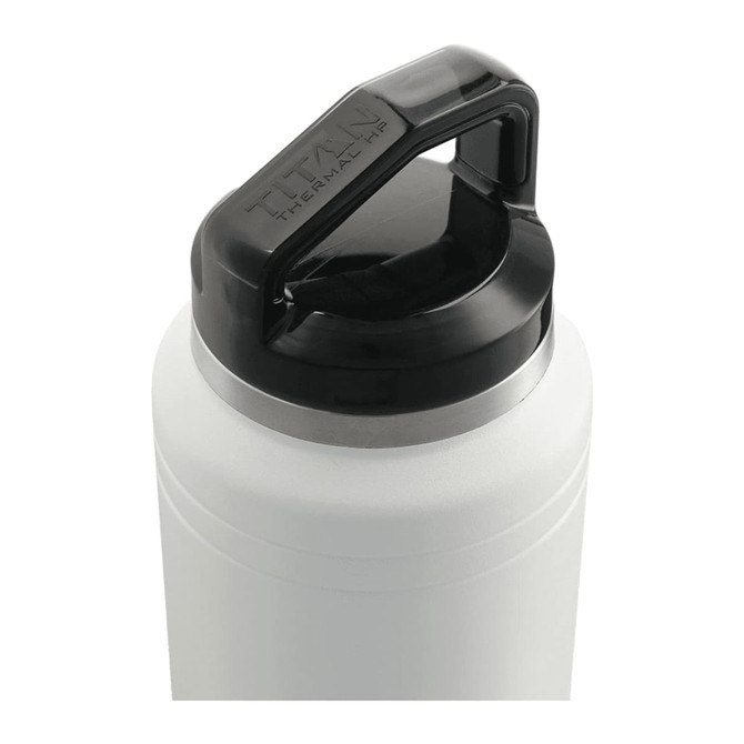 A drink bottle in white with a black lid, featuring a handle and a metallic band near the top.