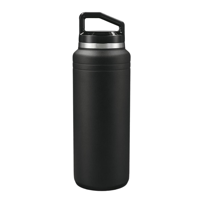 A drink bottle with a sleek black design and a handle, featuring a silver band near the top.