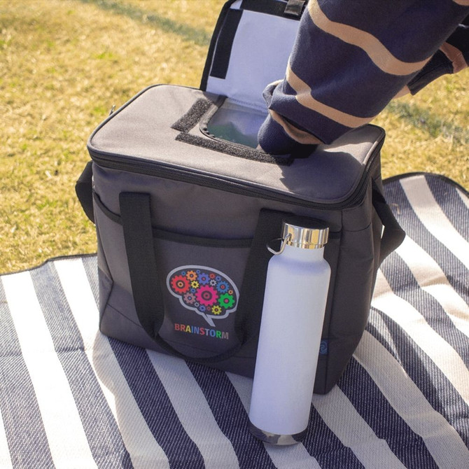 A grey cooler bag with a top opening and handles, featuring a logo, alongside a white drink bottle on a striped blanket.