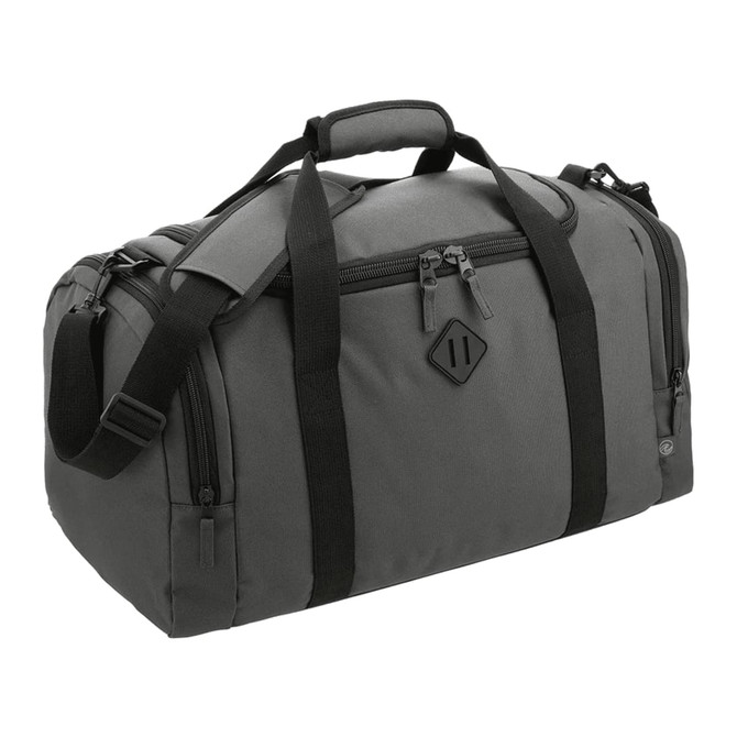 A dark grey duffel bag made from Repreve recycled material, featuring sturdy handles and a shoulder strap.