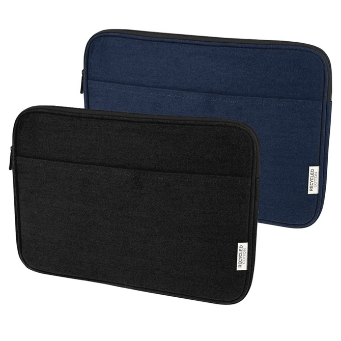 A laptop sleeve in navy blue and black, made from recycled canvas, featuring a zip closure and branding.