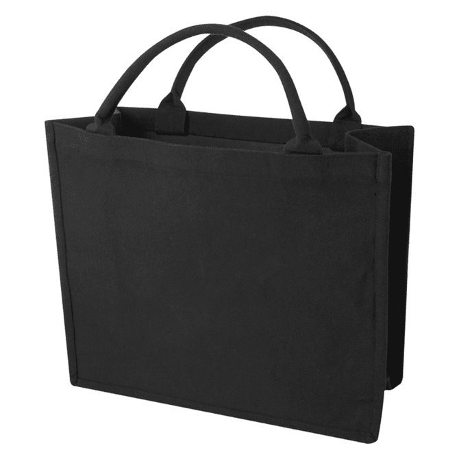 A black recycled tote bag with two handles and a spacious design, featuring a branded logo.