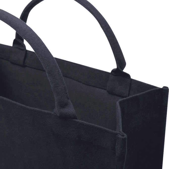 A navy recycled tote bag with sturdy fabric handles and an open top, featuring an inner lining. It has a logo.
