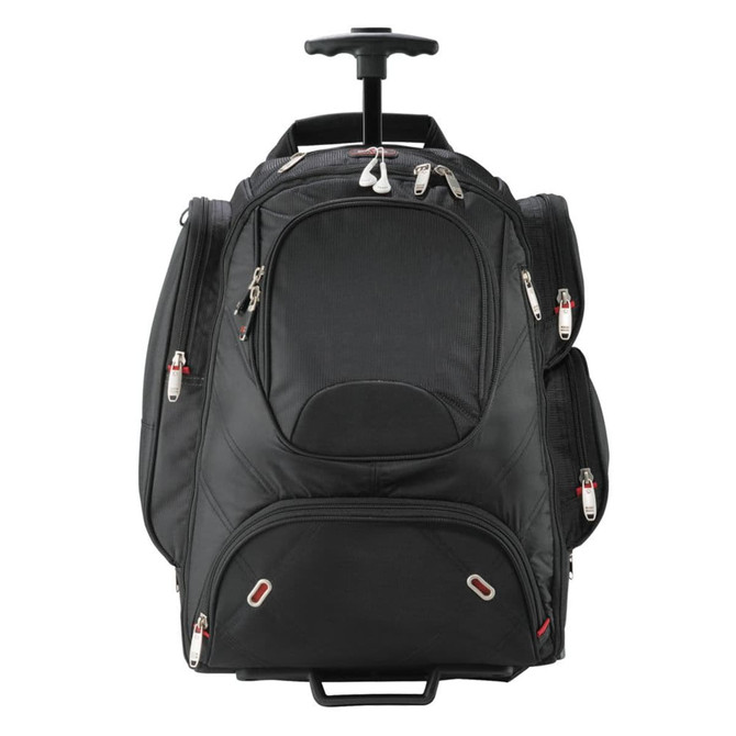 A black wheeled backpack with multiple compartments and a retractable handle. Features a logo on the front.