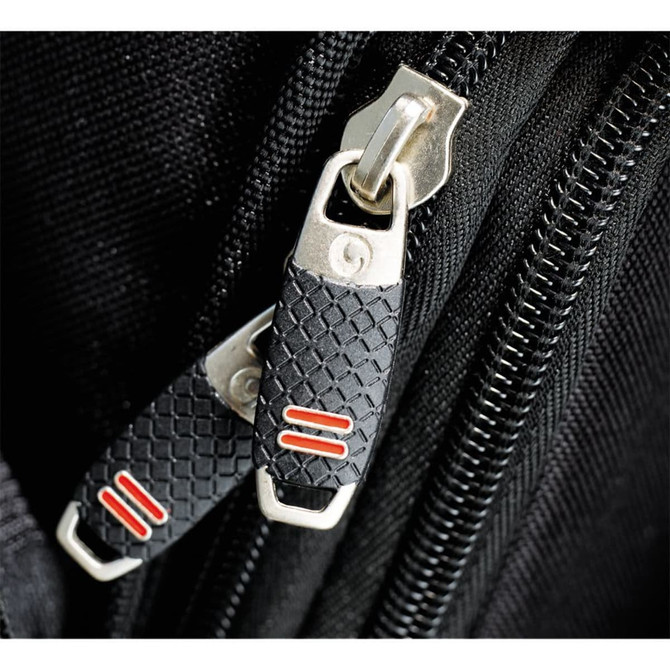 Close-up of black zippers with textured grips and red accents on a backpack. Features a sleek, modern design.