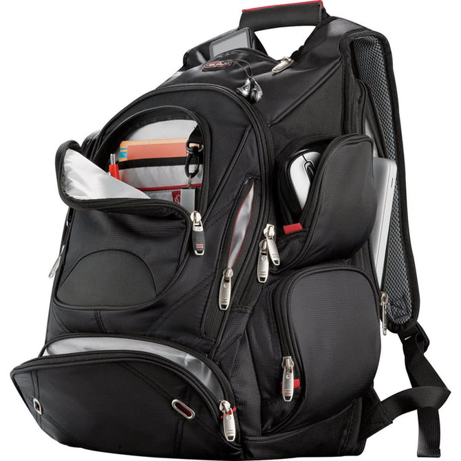A black backpack featuring multiple compartments and zippers, designed to hold a laptop and other essentials.