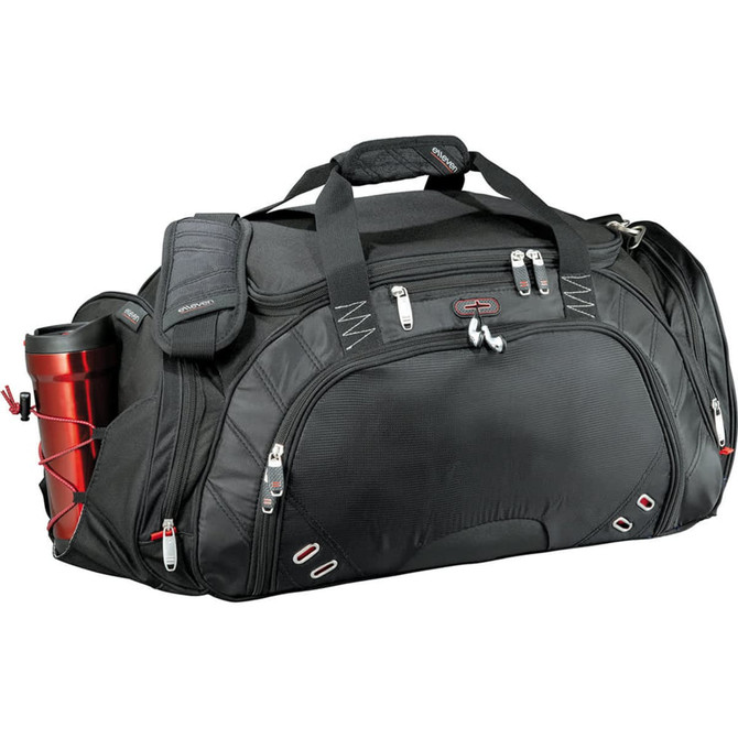 A black duffel bag featuring a side pocket for a drink bottle and multiple compartments, with a logo.