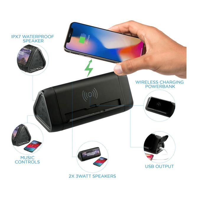 A black powerbank with wireless charging features, dual speakers, and an IPX7 waterproof rating. It includes music controls.