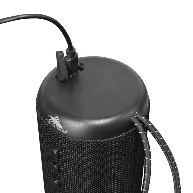 A black outdoor Bluetooth speaker with a textured finish, featuring control buttons and a charging port.