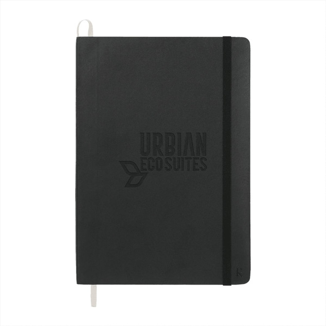 A black softcover notebook with an elastic band and a branding logo on the front.