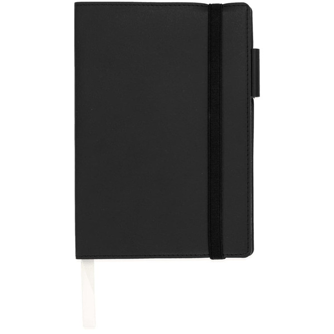 A black notebook with an elastic band closure and a ribbon bookmark, featuring a logo on the cover.