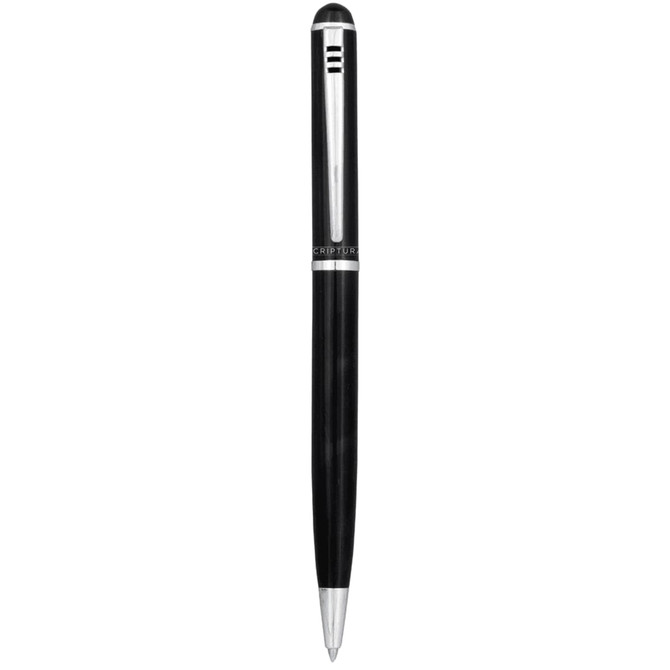 A black pen with a silver accent and a small logo on its body.