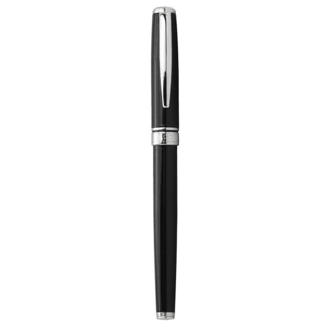 A sleek black metal rollerball pen with silver accents and a branding logo on the body.