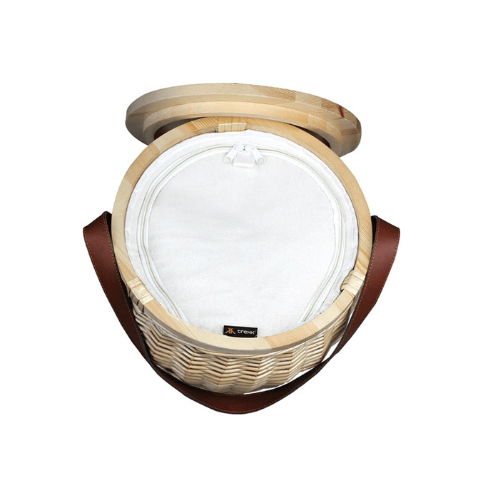 Wicker cooler basket with a wooden lid, featuring a white interior and brown leather strap.