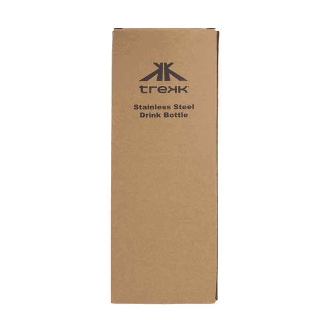 A drink bottle in a cardboard packaging, featuring stainless steel material with a logo on it.