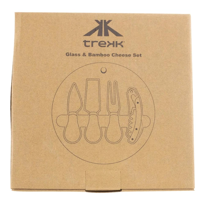 A bamboo cheese set with glass and bamboo utensils, packaged in a brown box with a logo and illustrations.