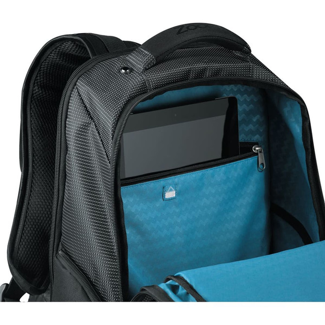 A laptop backpack featuring a black exterior with a blue interior, showcasing a tablet pocket. It has a logo.