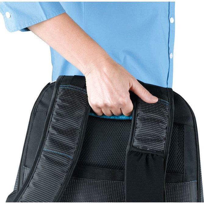 A black laptop backpack with padded straps, being held by a hand. The design includes mesh detailing.