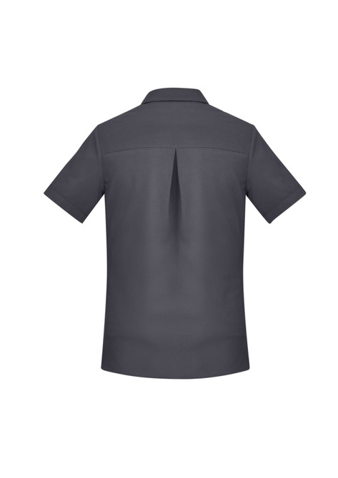A plain short sleeve shirt in dark grey with a back pleat and collar, featuring a logo.