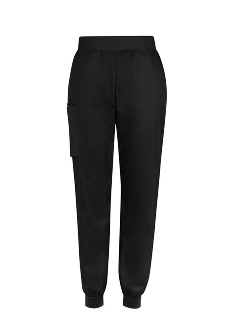 A pair of black slim leg jogger scrub pants featuring a side pocket and elastic cuffs.