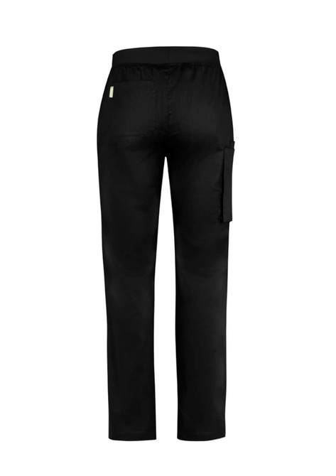 Black men's straight leg scrub pants with a flat waistband, featuring a side pocket and a logo.