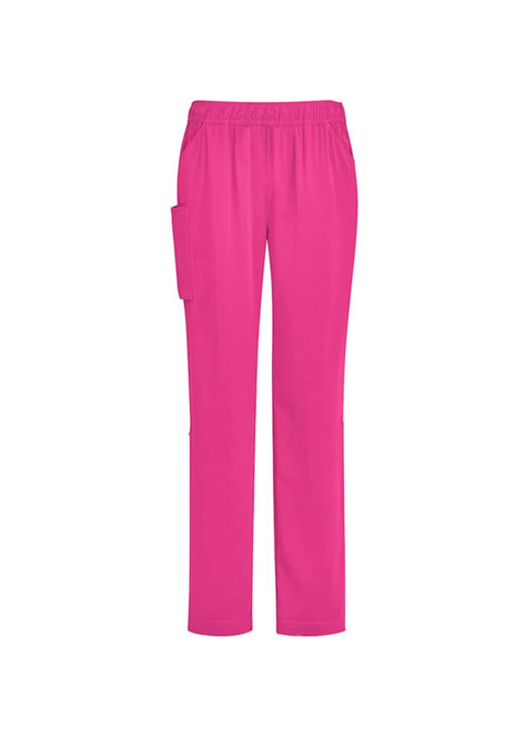 Unisex pink scrub pants with an elastic waistband and a side pocket. Features a smooth, lightweight fabric.