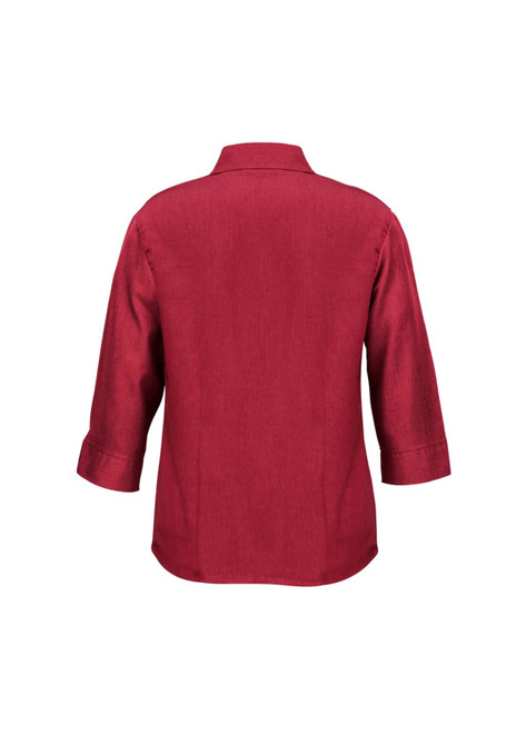 A red women's 3/4 sleeve shirt with a collar and a back view design. It features a logo on the fabric.