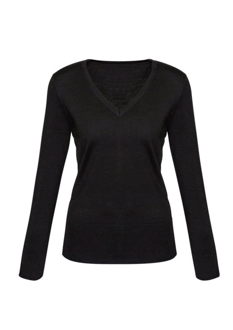 A black women's Milano pullover featuring a V-neck and long sleeves, with a fitted design and ribbed hem.