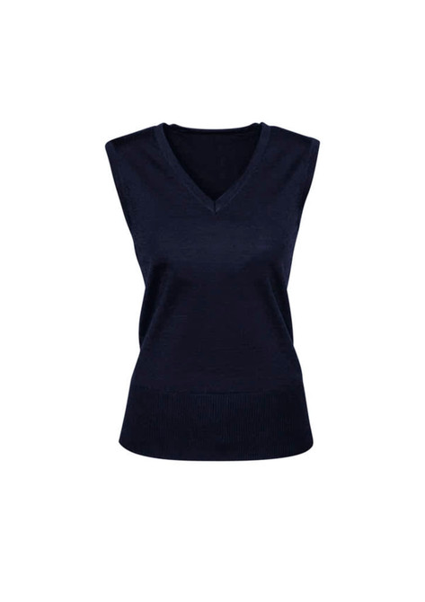 A navy women's vest with a V-neck and sleeveless design, featuring a fitted ribbed hem and a logo.