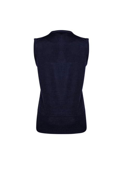 A navy women's vest with a sleeveless design and ribbed detail at the hem, featuring a branding logo.