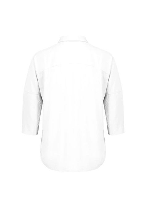 A white women's blouse with 3/4 sleeves and a back yoke detail, featuring a subtle logo.