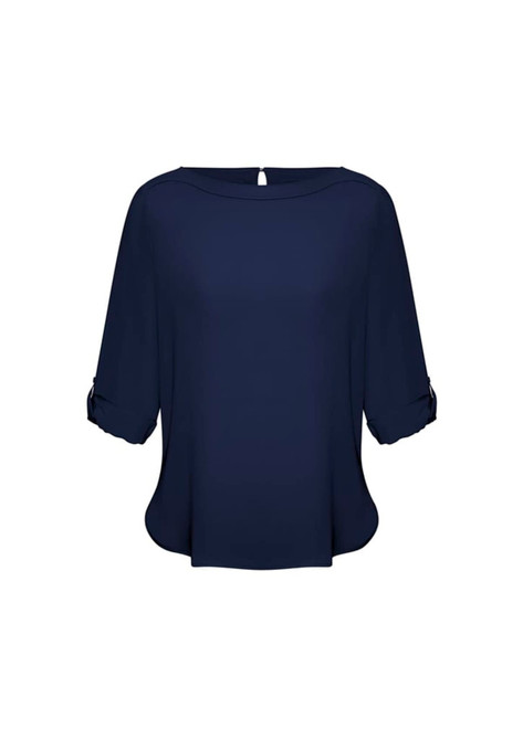 A navy blue women's boatneck top with rolled sleeves and a keyhole back design, featuring a subtle logo.