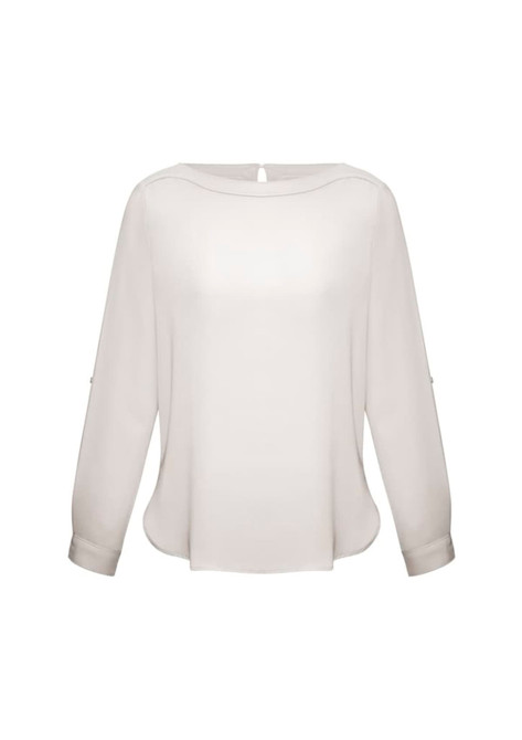 A light cream women's shirt with a boat neckline and long sleeves, featuring button details on the cuffs.
