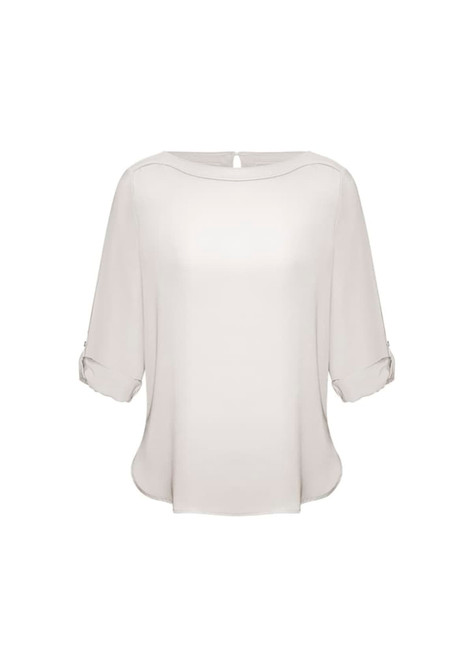 A light grey women's boatneck top with three-quarter sleeves and a subtle back button detail.