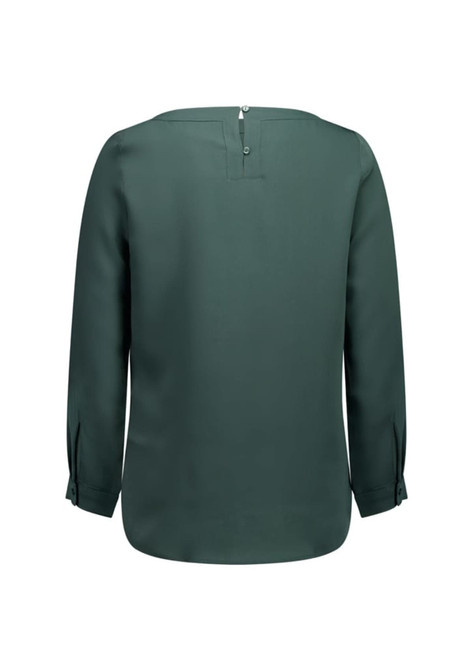 A green women's boatneck top with long sleeves and a back button closure. Features a subtle branding logo.