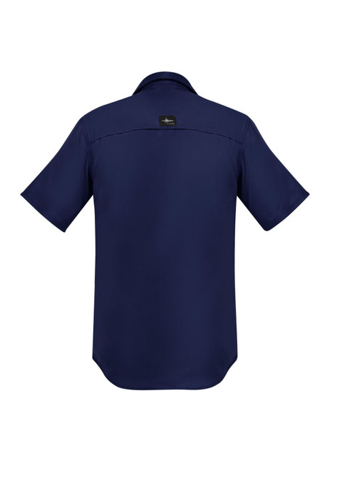 A navy blue men's outdoor short sleeve shirt with a button-up design and a logo on the back.