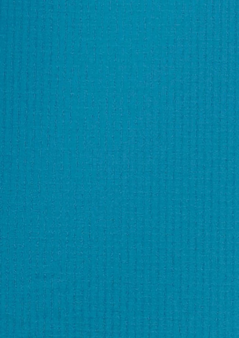 A textured fabric in a bright teal colour, suitable for a men's outdoor short sleeve shirt, featuring a logo.