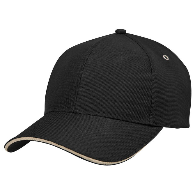 A black cap with a contrasting beige trim and an eyelet on the side, featuring a logo on the front.