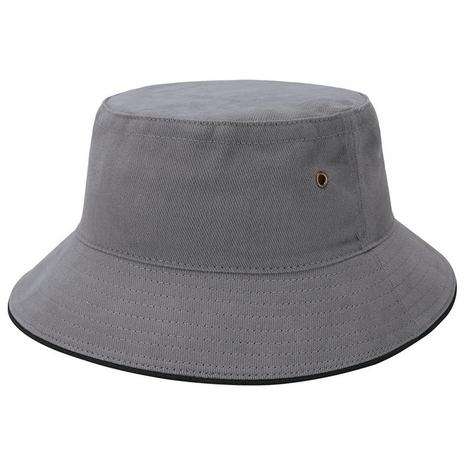 A grey bucket hat with a wide brim and a small logo detail. The material appears sturdy and textured.